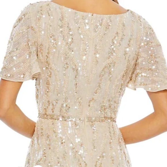 MAC DUGGAL 93591 SEQUINED V-NECK FLUTTER SLEEVE TEAL LENGTH OYSTER DRESS 14 - Picture 4 of 6